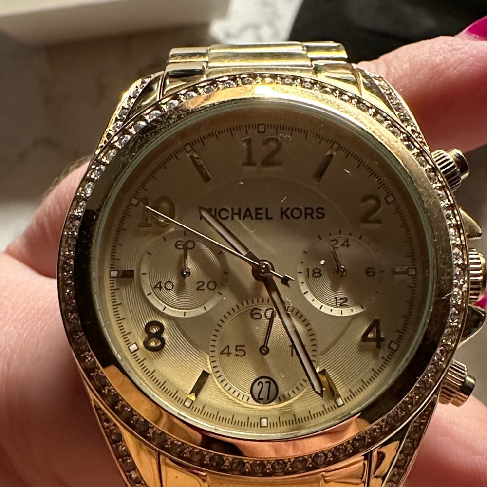 Michael Kors Gold Tone Crystal-Trim Chronograph Bracelet Watch - Picture 4 of 5